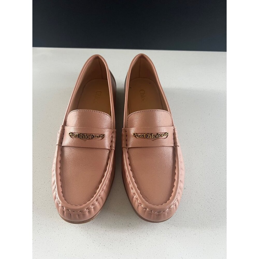 CHLOÉ logo embellished beige nude leather loafers Flats size 37 - Picture 3 of 8
